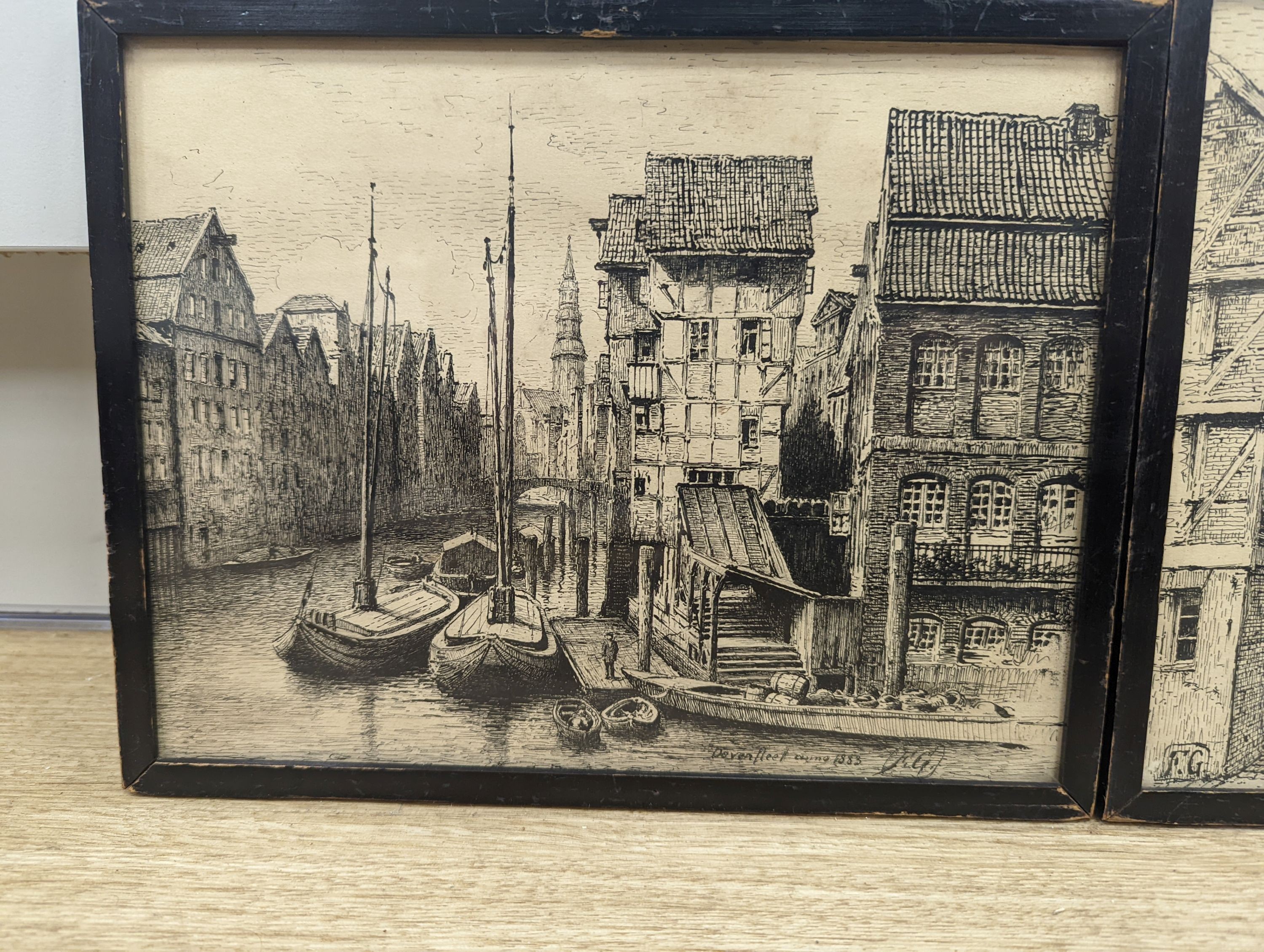 F.G, late 19th century pair of pen and ink north European views, both initialled and one dated, 20 x 24.5cm, 18.5 x 24cm